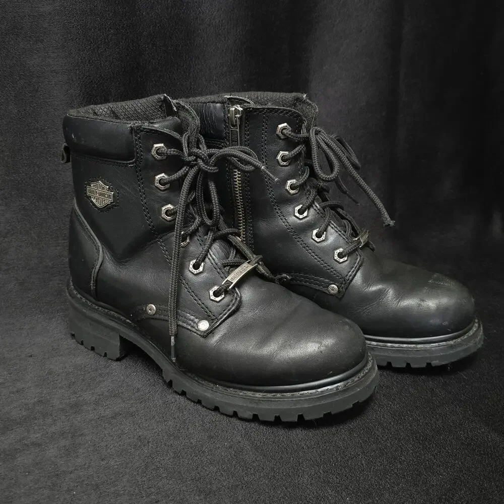 Harley Davidson Black Leather Steel Toe Boots Side Zip
